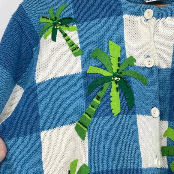 Vintage Talbots Beaded Palm Tree Cardigan Sweater Blue White Gingham Size L